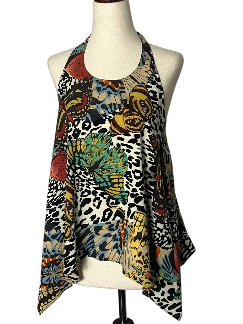 Alice + Olivia Butterfly Print Silk‎ Halter Top Open Back XS